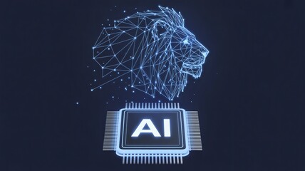 Powerful AI intelligence symbolized by a majestic geometric lion emerging from a futuristic computer chip, representing innovation and leadership