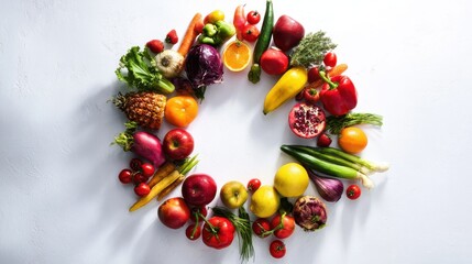 selection. Circular arrangement of fresh fruits and vegetables on a clean white background with soft shadows. menu design.