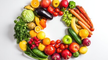 selection. Circular arrangement of fresh fruits and vegetables on a clean white background with soft shadows. menu design.