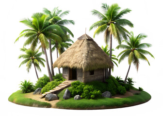 A three-dimensional small hut with a thatched coconut roof on a small black rock, surrounded by green moss and small palm trees, white background and Transparent