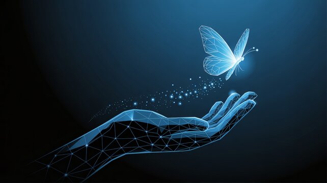 Futuristic digital hand releasing glowing geometric butterfly with sparkling particles, symbolizing innovation and transformation