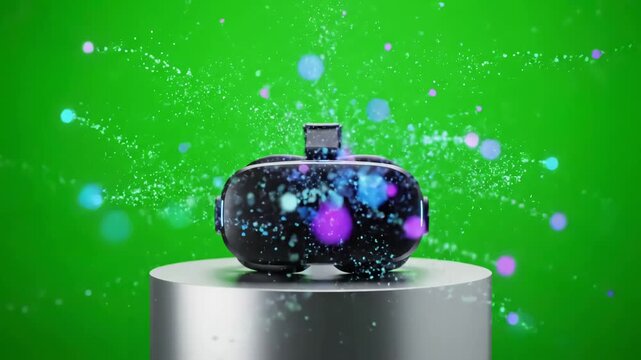 Virtual Reality Headset with young man in standing against green screen catching something invisible distortion, overlay, glitch, static noise, scan lines on black background, 4k animated video loop