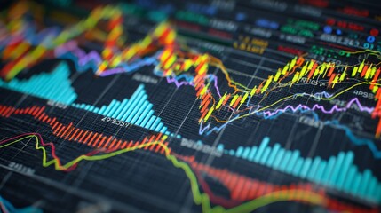 Colorful Stock Market Analysis with Candlestick Charts, Volume Indicators, and Trend Lines Illustrating Financial Data on Dark Background