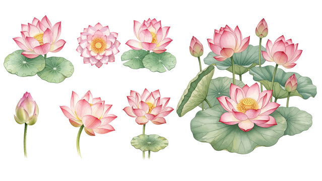 A beautiful collection of watercolor pink lotus flowers, featuring delicate petals in soft pink hues with green leaves and stems, isolated on a transparent background.