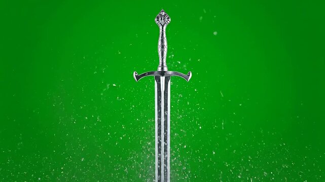 Ornate medieval broadsword emerging from water splash on green screen background
