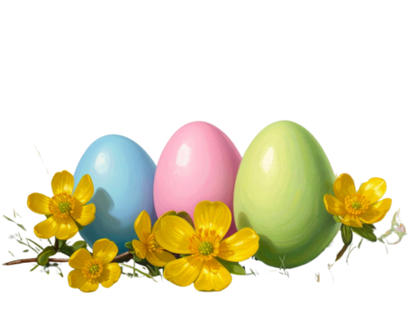 Three Bright Easter Eggs with Yellow Spring Flowers in Minimal Composition, Front View, Isolated on Transparent Background