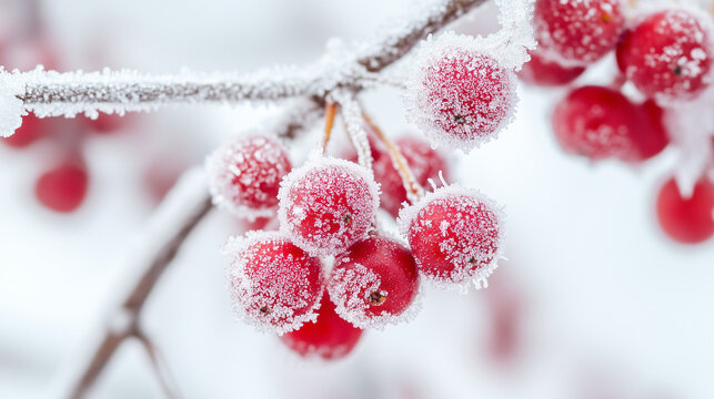 Ripe viburnum berries covered with frost on a snowy branch. The bright red contrast with white snow creates a festive winter atmosphere