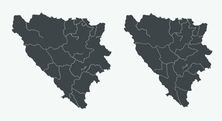 Bosnia and herzegovina map silhouettes with regional boundaries