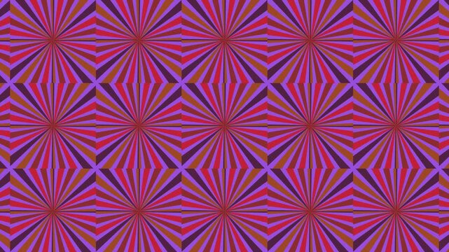 Colorful Retro Sunburst Radial Animation Loop: Vintage Psychedelic Background with Purple, Red, and Brown Rotating Rays