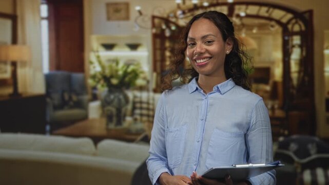 Woman holding clipboard and smiling while reading notes in a living room set inside a building; confidence helpful guidance.