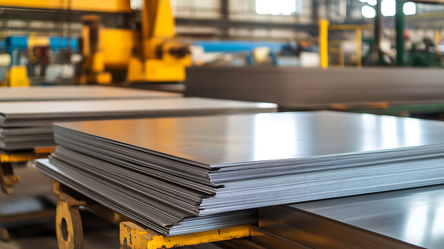 Sheets of metal stacked on a yellow industrial platform. The metal reflects light, showcasing the clean surface. In the background, there is manufacturing equipment, hinting at industrial use.