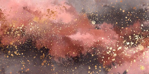 Abstract background featuring soft pink and dark gray watercolor textures accented with scattered gold flecks