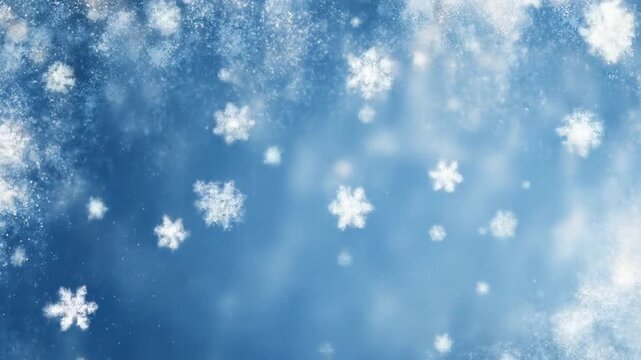 Beautiful falling snowflakes on a vibrant blue winter background with frosted edges, perfect for seasonal designs, holidays, and chilly weather themes.