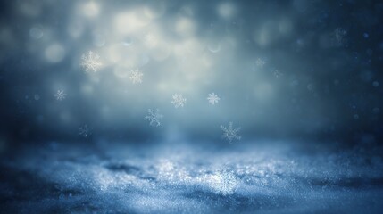 precipitation. Softly falling snowflakes in a winter scene with a cool blue atmospheric glow. travel magazines, destination branding, designed for outdoor magazines and nature guides.