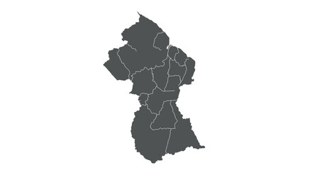 Outline map of guyana with region borders in dark grey on white background