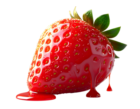  Brazilian Morango do Amor with Dripping Caramel Glaze and Sugar Sparkles, Angled Side View, Isolated on Transparent Background.jpg