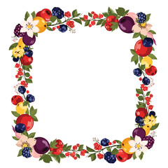 Fototapeta premium A vibrant square frame illustration made of various colorful fruits, fresh berries, green leaves, and delicate flowers, isolated on a white background.