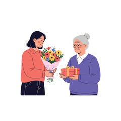 Obraz premium A smiling young woman gives a beautiful bouquet of colorful flowers to an appreciative older woman holding a thoughtful gift box.