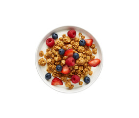 a bowl of granola topped with yogurt and berries, seen from above on a white background