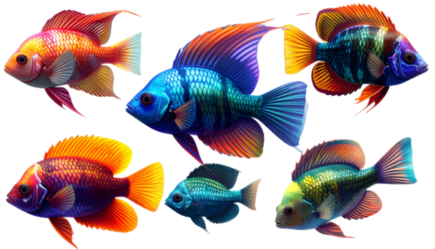 Isolated on Transparent Background Dynamic Swimming Fish Collection, 3D Render Style