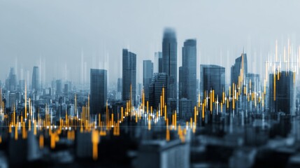 Urban Skyline with Abstract Financial Data Visualization Overlays Depicting Business Trends and Economic Growth in a Modern Cityscape Environment