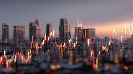 Vibrant Candlestick Chart Overlay Against a Blurred City Skyline at Sunset with Dynamic Financial Trends and Market Analysis Visualization