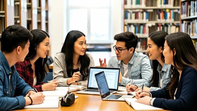 A diverse group of students collaborating on a project in a library. They are engaged in discussion, sharing ideas, and using technology to enhance their study session.