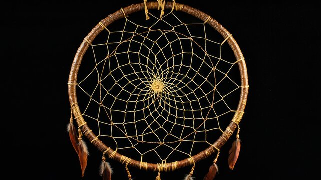 A wooden dreamcatcher with brown feathers hanging from it against a black background.