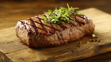 prime. Perfectly grilled steak on a wooden board, garnished with fresh herbs for a rustic appeal. menu design, packaging mockups, designed for culinary blogs and recipe cards for restaurants.