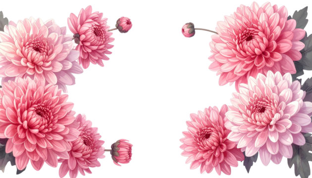 Isolated on Transparent Background Minimal Botanical Set of Pink Chrysanthemum Blossoms, Stylized Decorative Elements