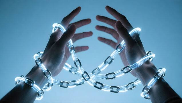 Ai burnout digital detox concept hand chain light glow freedom stress escape technology minimal blue