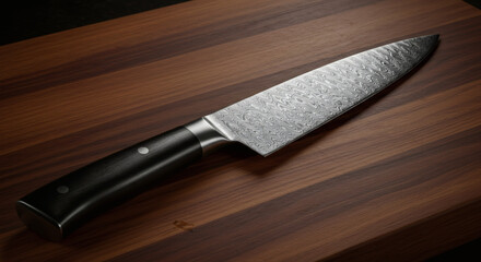 Sharp Damascus chef knife with intricate patterned blade rests on a rich wooden cutting board ready for culinary tasks.