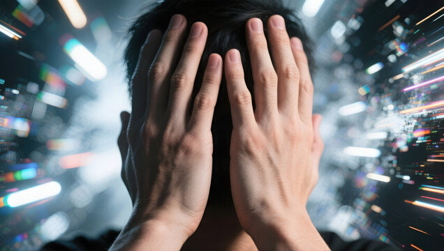 Ai burnout digital detox headache overwhelm stress relief concept with blurred light streak background