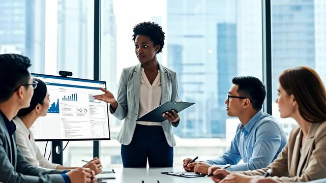 A diverse team engaged in a professional meeting, with a confident businesswoman presenting data on a screen - Powered by Adobe