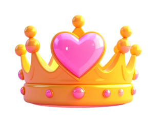 Cute Cartoon Princess Crown with Heart Jewel and Glossy Finish, Vibrant Digital Art, Isolated on Transparent Background