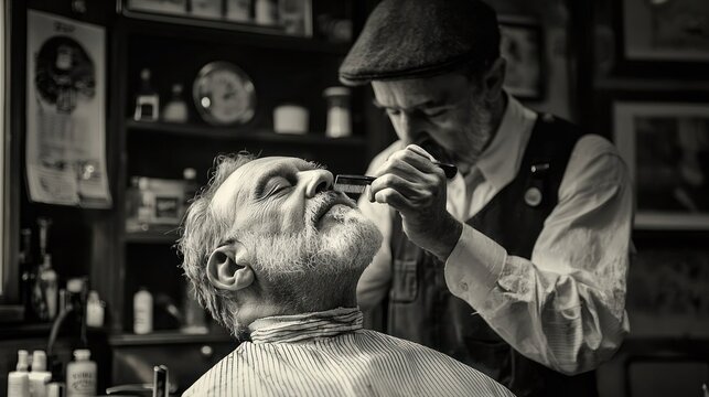An older barber meticulously shaves the face of a younger man in a traditional barbershop. The barber, wearing a tweed cap and vest, holds a straight razor close to the man's face