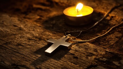 necklace. A silver cross necklace on a weathered wooden table lit by warm candlelight. event programs, museum guides, designed for cultural heritage projects and event programs.