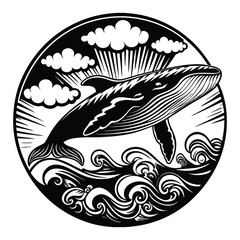 Humpback Whale and Waves Emblem Vector Graphic for T-Shirt Design (Engraving Style)