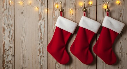 Three classic red and white Christmas stockings hanging on hooks from a rustic wooden wall decorated with twinkling string lights. Cozy holiday background.