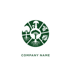 Circular logo design featuring diverse plant life and fungi.