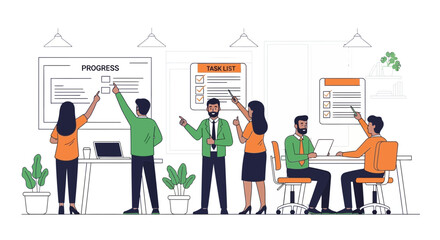 Business Teamwork Displaying Progress and Task Management With Modern Illustration Style