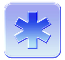 Glassy 3D Star of Life icon - Shiny blue medical and emergency symbol in a square button for web or app UI