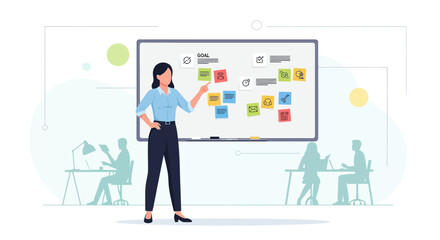 Businesswoman Explains Goals On The Whiteboard For Colleagues To Inspire And Motivate