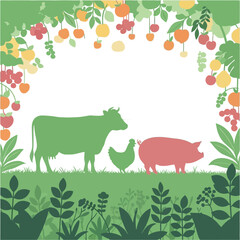 World Vegan Day: Cartoon Vector of Animal Silhouettes in Green Vegetation, Plant-Based, Ethical Eating, Nature Frame