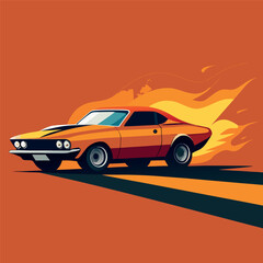 Retro muscle car racing with fiery background, bold colors and dynamic shadows, vintage illustration style.