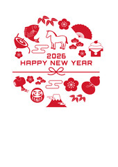 年賀状2026 　ウマと縁起物のイラスト　2026年 年賀状,イラスト,馬,干支,正月,縁起物, 和風デザイン,テンプレート,ポップ,かわいい,年賀2026
