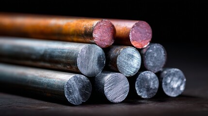 Close-up view of stacked metal rods with different surface textures and colors on a dark background