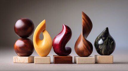 Artistic Display of Unique Wooden Sculptures Showcasing Various Shapes and Textures on Neutral Background