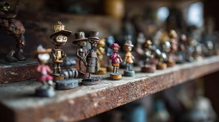 Close-up of vintage miniature figurines on a wooden shelf in a rustic setting