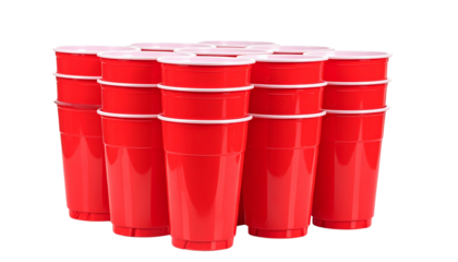 Stacked Red Plastic Party Cups, Front View, Isolated on Transparent Background
